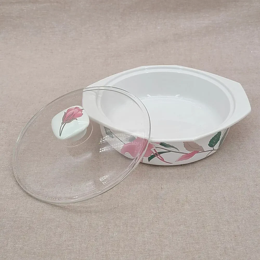 Vtg Mikasa Fire & Ice Silk Flowers Covered Casserole Dish 80's Glass Lid AA009